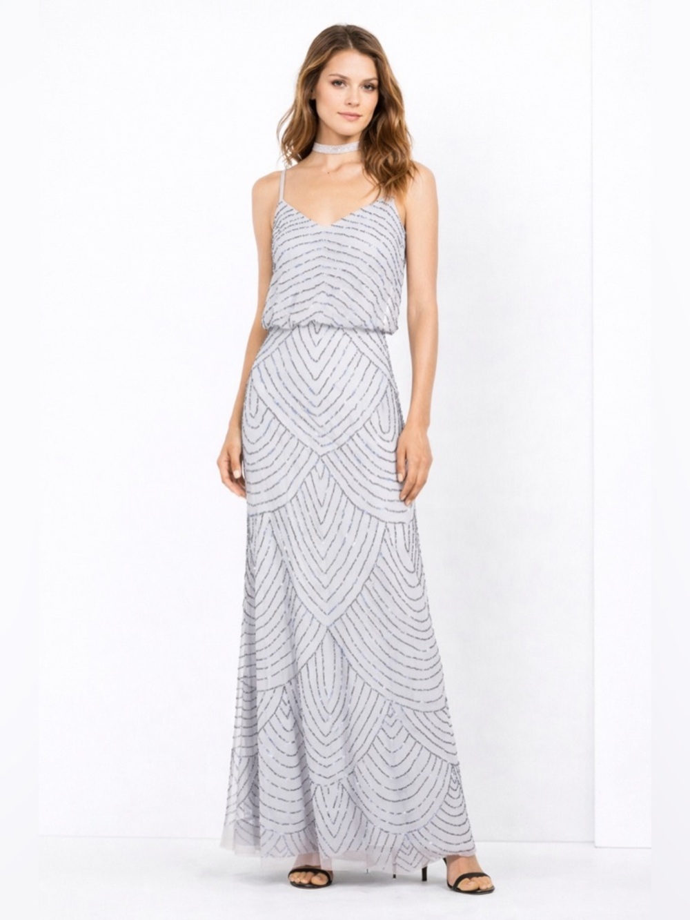 Adrianna Papell Beaded Gown Silver Grey Art Deco Maxi Dress Size 4 NWT GALA MOB